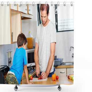 Personality  Dad In Kitchen With Son Chopping Food Shower Curtains