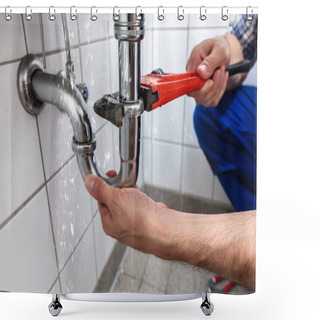 Personality  Male Plumber's Hand Repairing Sink Pipe Leakage With Adjustable Wrench Shower Curtains