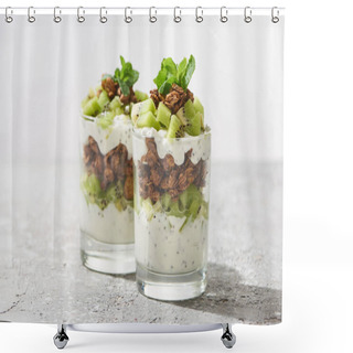 Personality  Selective Focus Of Fresh Granola With Kiwi And Yogurt On Concrete Surface Isolated On Grey Shower Curtains