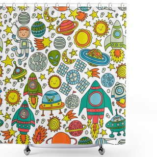 Personality  Vector Pattern With Space Icons, Planets, Spaceships, Stars, Comets, Rockets, Space Shuttle, Flying Saucers. Shower Curtains