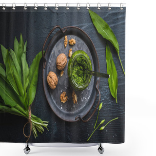 Personality  Homemade Wild Garlic Pesto And Walnuts On A Metal Tray, Wild Garlic Leaves And Blossoms On Black Background Shower Curtains