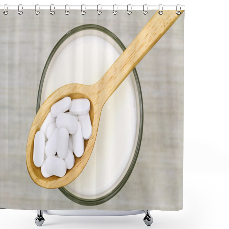Personality  Wooden Spoon Of White Calcium Carbonate Tablets Above A Glass Of Fresh Milk Shower Curtains