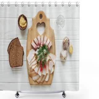 Personality  Traditional Sliced Smoked Lard On Cutting Board With Mustard, Glass Of Vodka And Rye Bread On White Wooden Background Shower Curtains