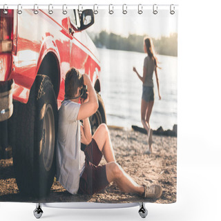 Personality  Man Taking Photo Of Girlfriend On Beach Shower Curtains