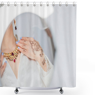 Personality  Reflection In Mirror Of Young Indian Bride In Earring Wearing Necklace On White Shower Curtains