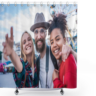 Personality  Cheerful Young Multiethnic Friends Smiling At Camera In Amusement Park Shower Curtains