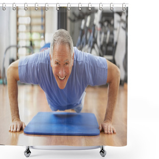 Personality  Senior Man Doing Press Ups In Gym Shower Curtains