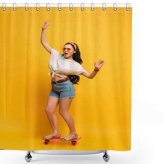 Personality  Shocked Stylish Summer Brunette Girl Riding Pink Penny Board On Yellow Background Shower Curtains