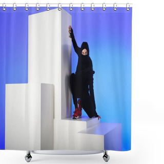 Personality  Ninja In Black Clothing With Katana Behind Standing On White Block Isolated On Blue Shower Curtains