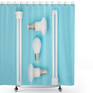 Personality  Flat Lay With Arranged Various Light Bulbs Isolated On Blue Shower Curtains