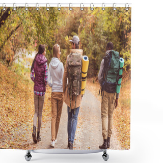 Personality  Young Backpackers In Autumn Forest Shower Curtains