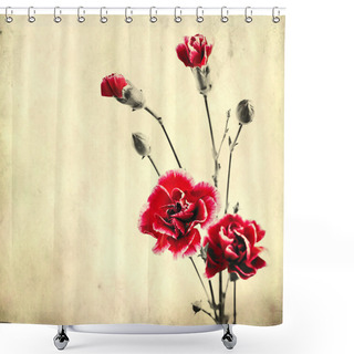 Personality  Old Paper Background With Red Carnations Shower Curtains
