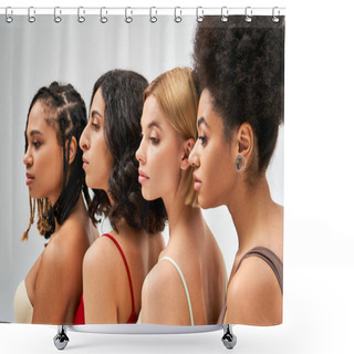 Personality  Multicultural Women In Colorful Bras Looking Away And Posing While Standing Together Isolated On Grey, Different Body Types And Self-acceptance Concept, Multicultural Models Shower Curtains