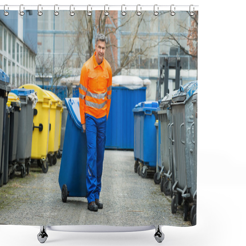 Personality  Male Worker Walking With Dustbin Shower Curtains