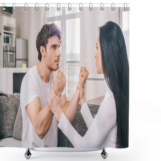 Personality  Angry Couple Quarreling With Fists During Self Isolation At Home Shower Curtains