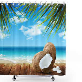 Personality  Seascape With Foam Of The Surf. In The Foreground Are Coconuts.  Shower Curtains