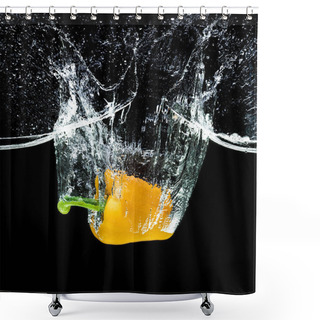 Personality  Close Up View Of Motion Of Yellow Bell Pepper Falling Into Water Isolated On Black Shower Curtains