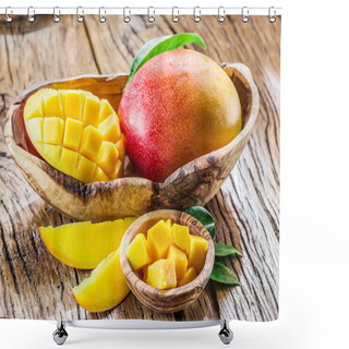 Personality  Mango Fruit And Mango Cubes On The Wooden Table. Shower Curtains