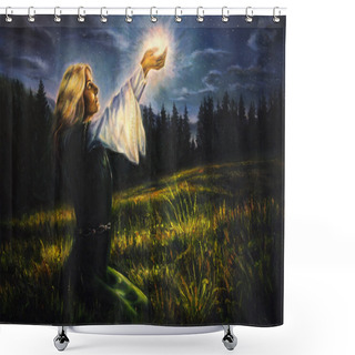 Personality  Beautiful Painting Oil On Canvas Of A Mystical Young Woman In Green Emerald Medieval Dress Is Holding A Glowing Ball Of Light In Her Palms Amids A Nocturnal Meadow Shower Curtains