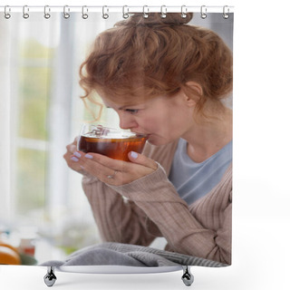 Personality  Sick Woman Drinking Tea With Lemon While Having Strong Shower Curtains