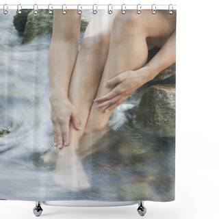 Personality  Womans Feet In A Forest Creek Shower Curtains