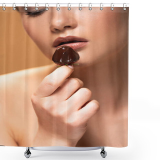 Personality  Young Naked Woman Looking At Strawberry In Melted Chocolate Isolated On Beige Shower Curtains