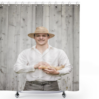 Personality  Farmer Holding A Beige Chicken Shower Curtains
