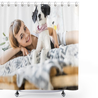 Personality  Portrait Of Happy Woman Looking At Camera While Resting In Bed Together With Puppy Shower Curtains