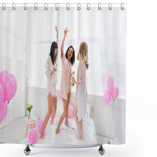 Personality  Cheerful Multiethnic Girls Dancing With Champagne Glasses On Bachelorette Party With Balloons Shower Curtains