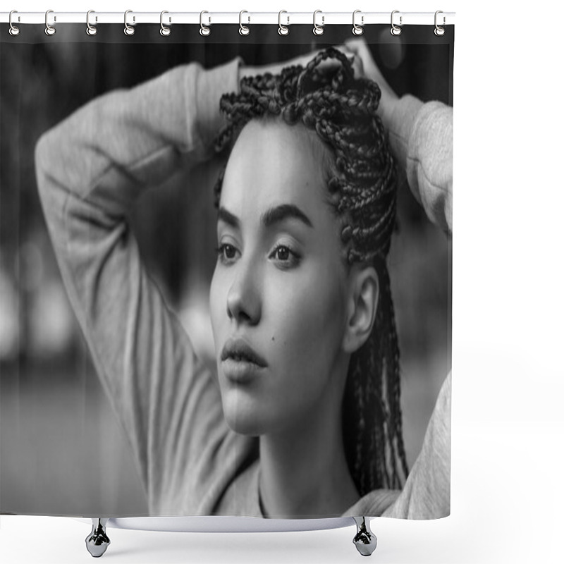 Personality  A Black-and-white Portrait Of A Beautiful Girl With Plaited Braids. Shower Curtains