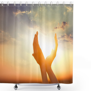 Personality  Hands Holding The Sun At Dawn Shower Curtains