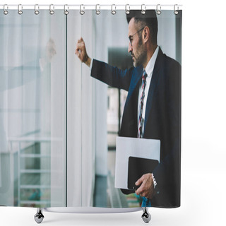 Personality  Thoughtful Mature Entrepreneur Middle Aged With Modern Touch Pad Looking Out Of Window And Thinking On Business Meeting.Contemplative Proud Ceo With Digital Tablet In Hands Pondering On Strategy Shower Curtains