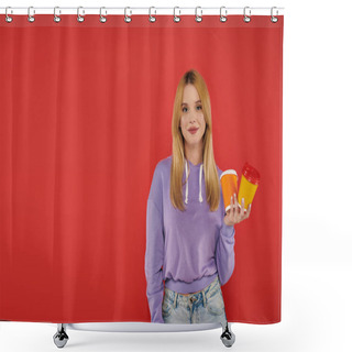 Personality  Takeaway Drink, Youthful Fashion, Blonde Young Woman In Casual Attire Holding Paper Cups On Coral Background, Cheerful, Looking At Camera, Vibrant Colors, Fashion Forward, Hot Beverage  Shower Curtains