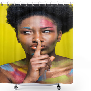 Personality  African American Woman With Bright Makeup Showing Silent Gesture Isolated On Yellow Shower Curtains