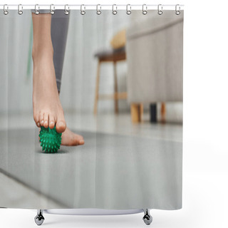 Personality  Cropped View Of Woman Massaging Foot With Manual Massage Ball And Standing On Fitness Mat At Home, Body Relaxation And Holistic Wellness Practices, Balancing Energy Shower Curtains