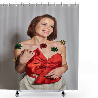 Personality  Happy New Year, Positive Woman In Red Attire With Bows All Over Her Body Smiling On Grey Backdrop Shower Curtains