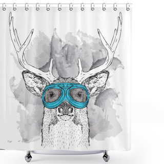 Personality  Portrait Of Deer In Motorcycle Glasses. Vector Illustration Shower Curtains