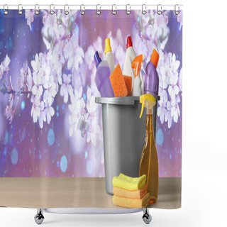 Personality  Spring Cleaning. Bucket With Detergents And Tools On Wooden Surface Against Blossoming Tree, Space For Text. Banner Design Shower Curtains