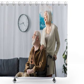 Personality  Senior Woman And Handicapped Husband In Wheelchair Laughing While Looking Away Shower Curtains