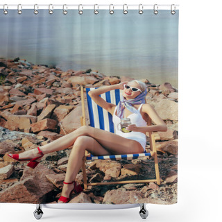 Personality  Happy Beautiful Girl Holding Lemonade And Resting In Beach Chair On Rocky Shore Shower Curtains