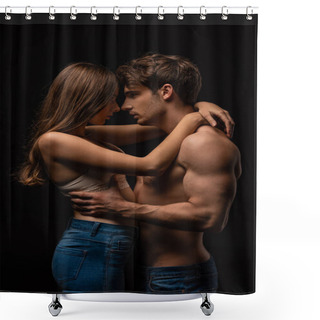 Personality  Side View Of Sexy Young Couple Passionately Hugging Isolated On Black Shower Curtains