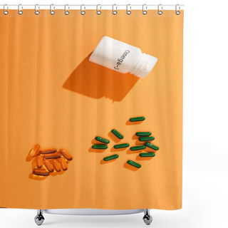 Personality  Top View Of Container With Omega-3 Lettering And Capsules On Orange  Shower Curtains