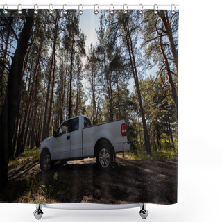 Personality  Side View Of White Pickup Truck In Sunny Forest Shower Curtains