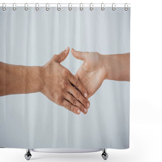 Personality  Cropped View Of Men Holding Hands For Handshake Isolated On Grey Shower Curtains
