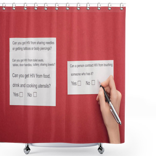 Personality  Partial View Of Woman Answering HIV Questionnaire On Red Background Shower Curtains