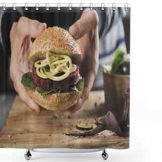Personality  Young Man With A Beet Burger Sandwich Shower Curtains