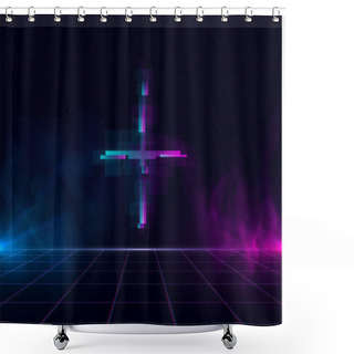 Personality  Synthwave Vaporwave Retrowave Cyber Landscape With Sparkling Glitch Cross, Laser Grid, Blue And Purple Glows With Smoke And Particles. Design For Poster, Cover, Wallpaper, Web, Banner. Shower Curtains