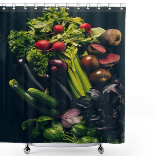 Personality  Top View Of Radishes, Eggplants And Beetroots On Grey Dark Table  Shower Curtains