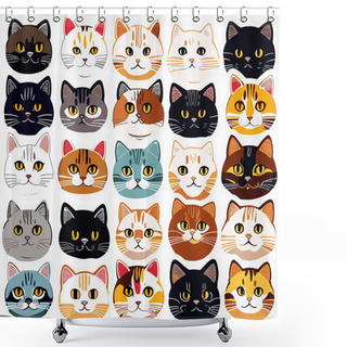 Personality  Vector Retro Hand Drawn Japanese Style Wild Cat Or Kitten Face Seamless Surface Pattern For Products Or Wrapping Paper Prints. Shower Curtains