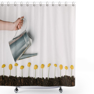 Personality  Cropped Shot Of Woman Watering Yellow Chrysanthemum Flowers In Ground Isolated On White Shower Curtains